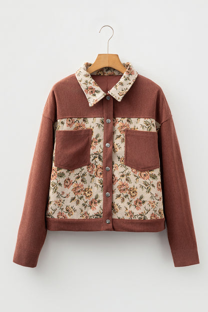 Clay Ribbed Retro Floral Patchwork Shirt Style Jacket