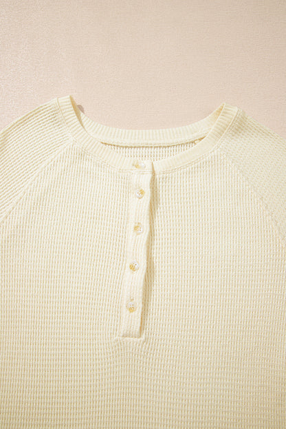 Oatmeal Textured Knit Half Buttons Henley Top