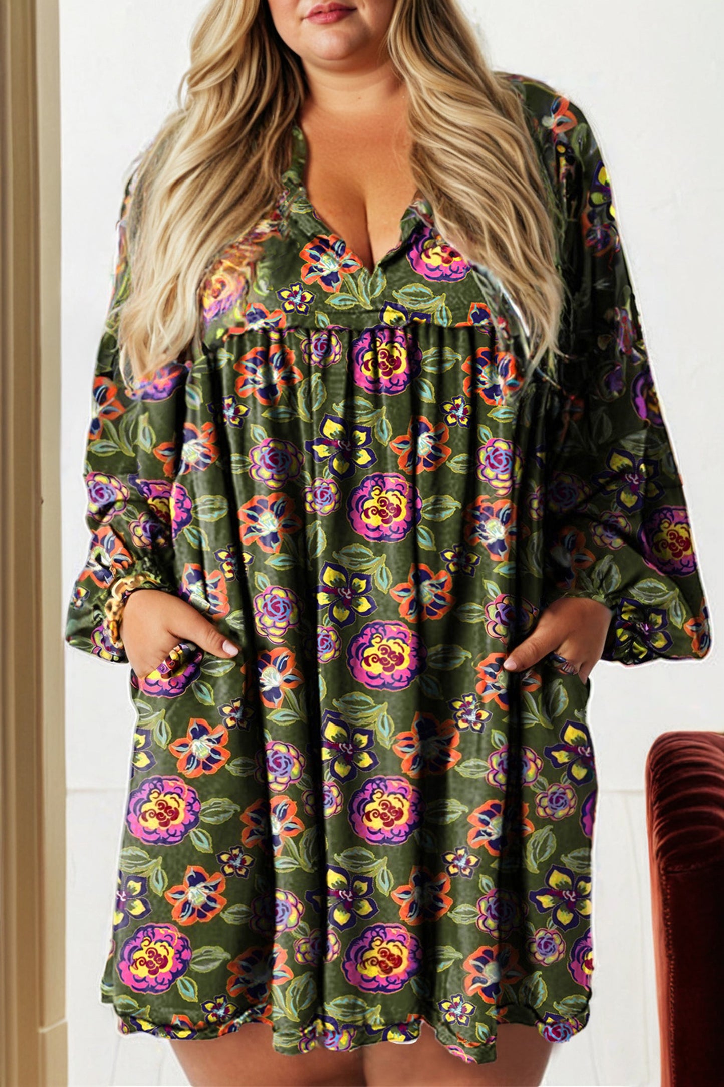 Green Plus Size Floral Print Collared V Neck Loose Mini Dress