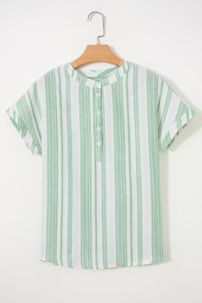 Green Breathable Gauze Half Button Short Sleeve Casual Blouse