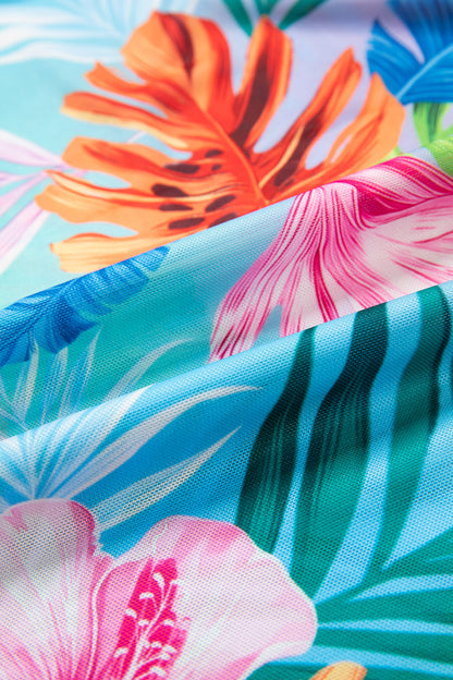 Sky Blue Tropical Print V Neck Semi Sheer Beach Cover Up Dress