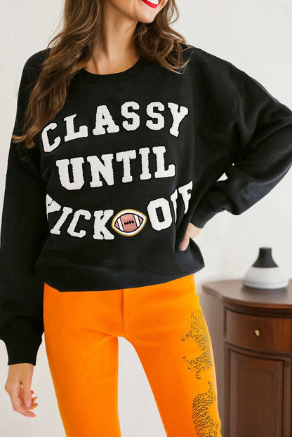 White CLASSY UNTIL KICKOFF Plush Letter Patched Loose Sweatshirt