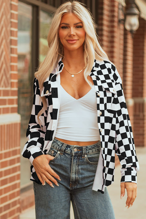 Black Checkerboard Flap Pocket Button Front Shacket