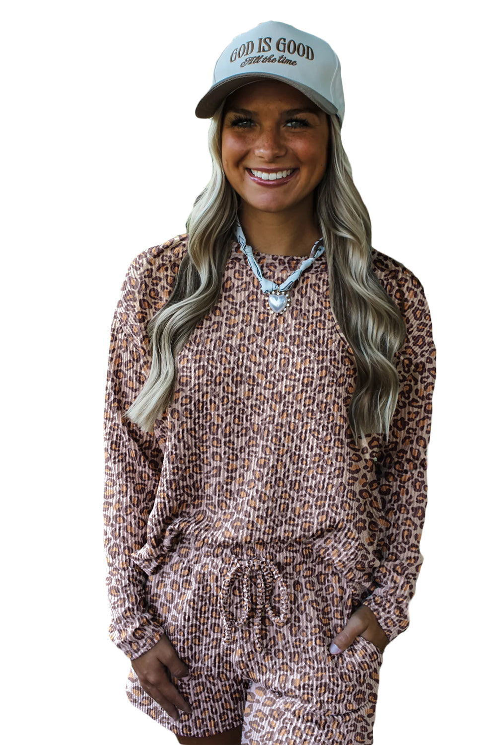 Khaki Leopard Ribbed Long Sleeve Top Drawstring Shorts 2pcs Outfit