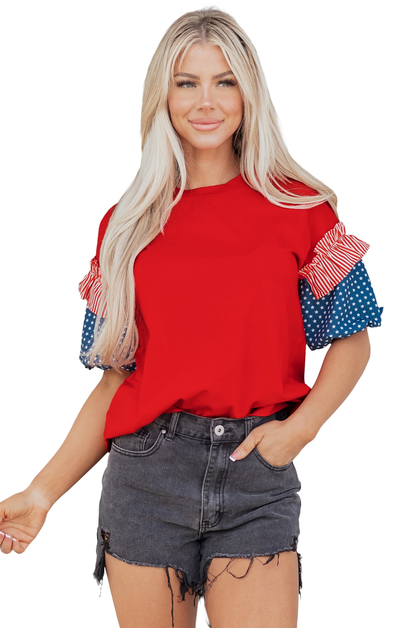 Beau Blue Stars Stripes Short Puff Sleeve Top