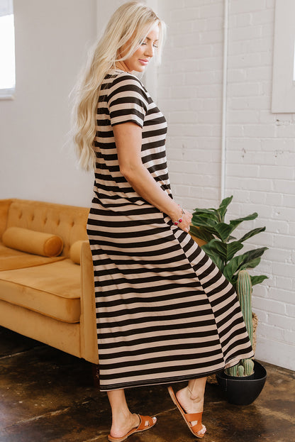 Black Stripe Casual Round Neck T-shirt Maxi Dress with Pockets