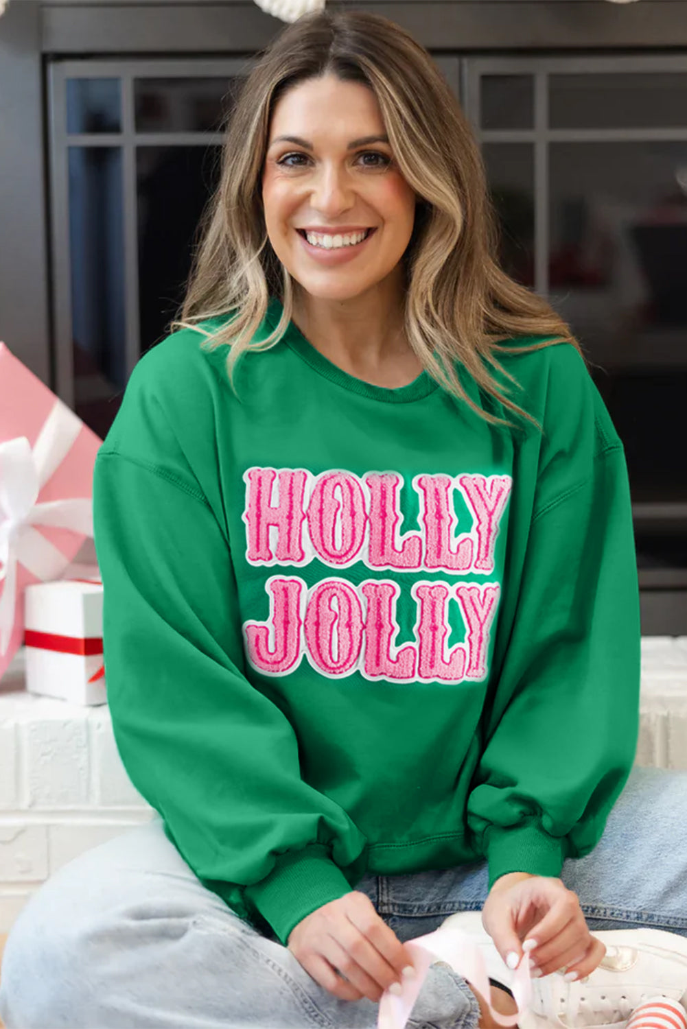 Sea Green HOLLY JOLLY Towel Embroidered Christmas Holiday Sweatshirt
