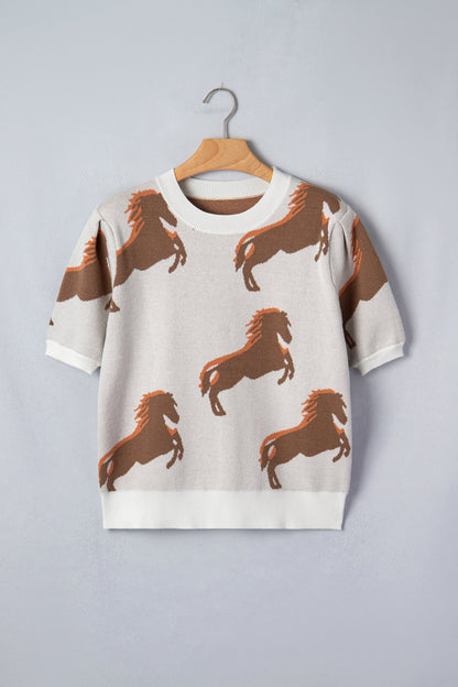 White Western Horse Printed Short Puff Sleeve Sweater