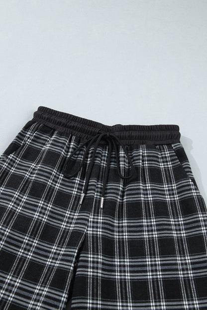 Black Frenchy Plaid Pattern Contrast Drawstring Waist Wide Leg Pants