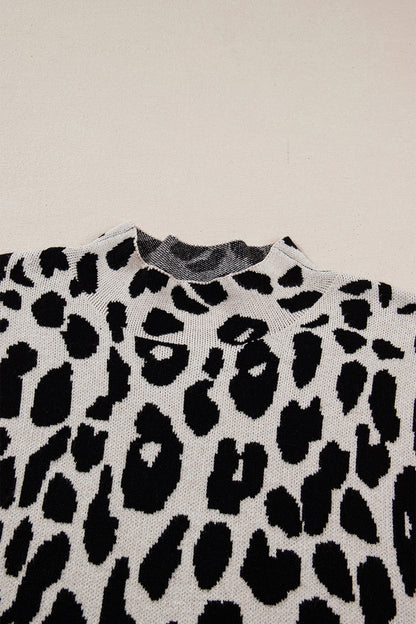 Black Plus Size Leopard Print High Neck Short Sleeve Sweater