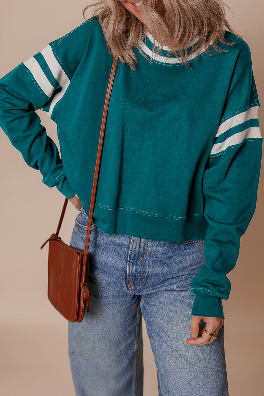 Blackish Green Contrast Striped Patchwork Round Neck Drop Shoulder Sweatshirt