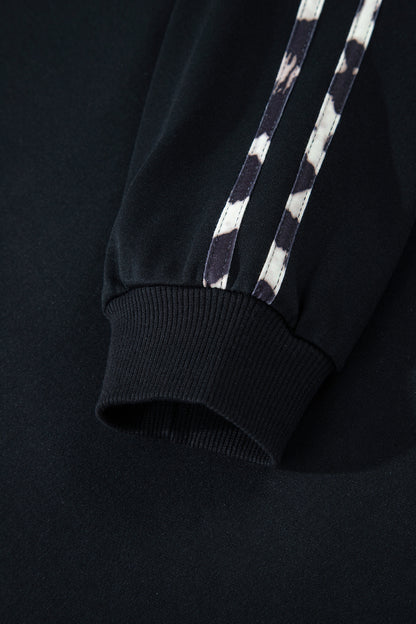 Black Contrast Leopard Trim Casual Sweatshirt Pant Set