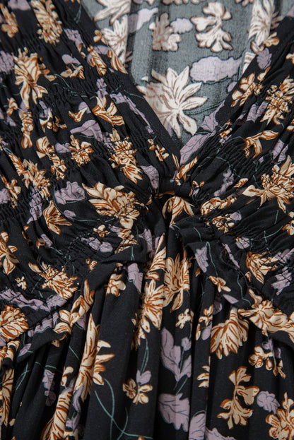 Black Floral Deep V Neck Smocked Bust Bubble Sleeve Babydoll Dress