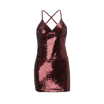 Women Clothing Sexy Bare Back Nightclub Sexy Sequined Lace up Sheath Short Dress