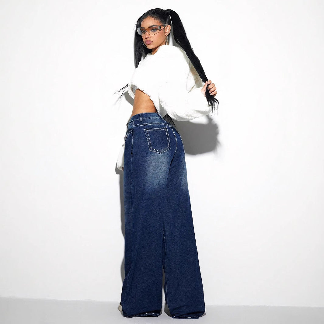 Women Clothing Retro Loose Wide Leg Jeans Trousers