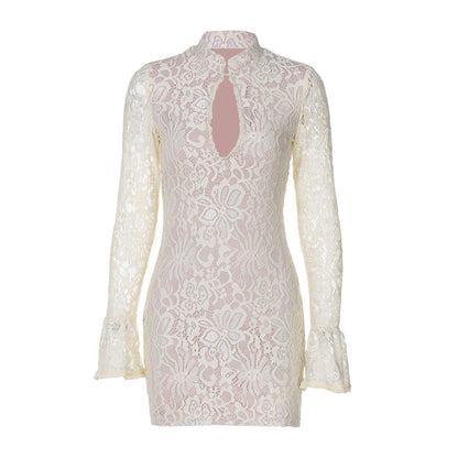 Women Clothing Winter Sexy Lace Cutout Package Hip Flare Sleeve Dress