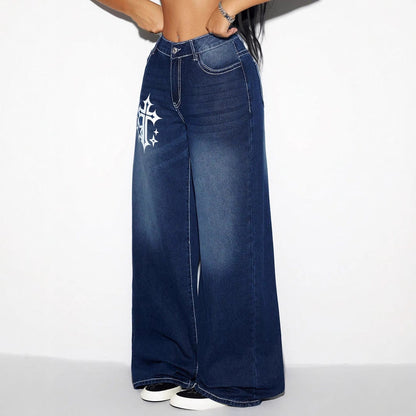 Women Clothing Retro Loose Wide Leg Jeans Trousers