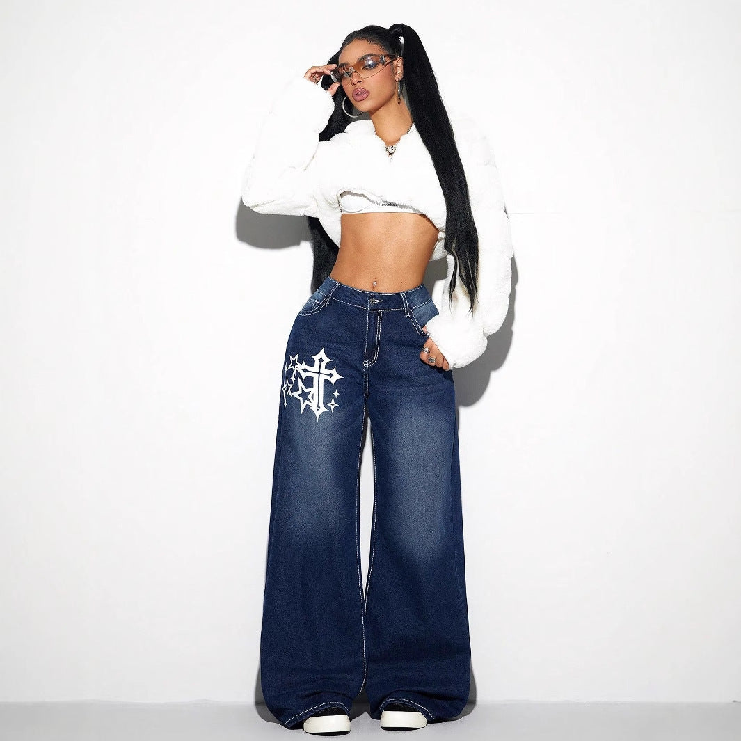 Women Clothing Retro Loose Wide Leg Jeans Trousers