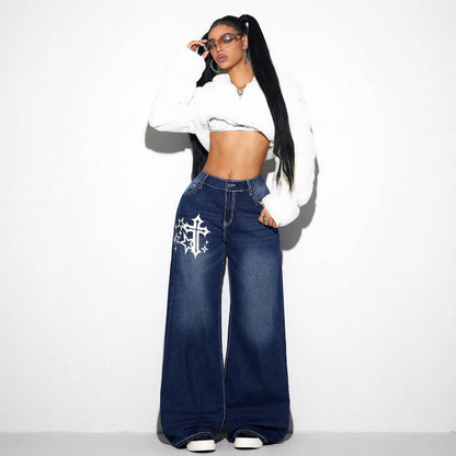 Women Clothing Retro Loose Wide Leg Jeans Trousers
