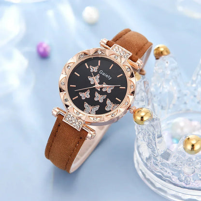 Women’s Butterfly Watch Set – Leather Strap - Box Not Included