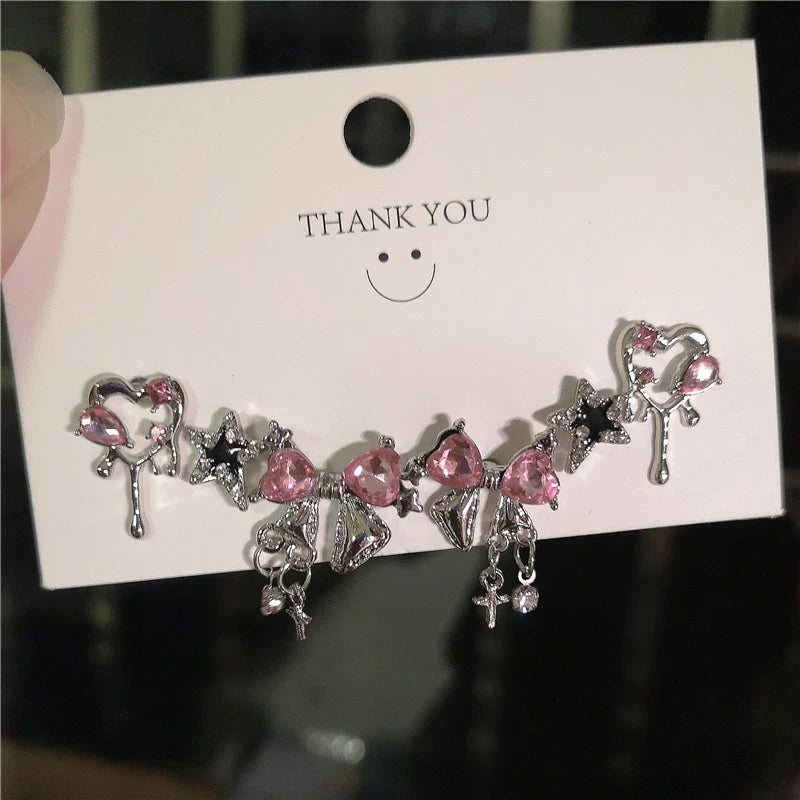 6PCS Crystal Bowknot & Heart Stud Earrings Set