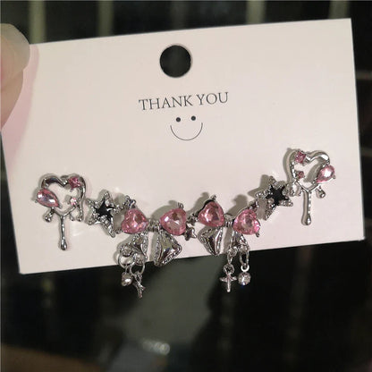 6PCS Crystal Bowknot & Heart Stud Earrings Set