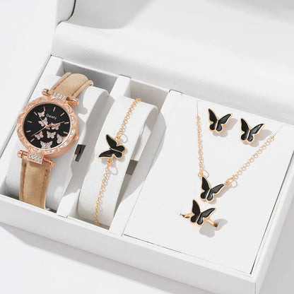 Women’s Butterfly Watch Set – Leather Strap - Box Not Included