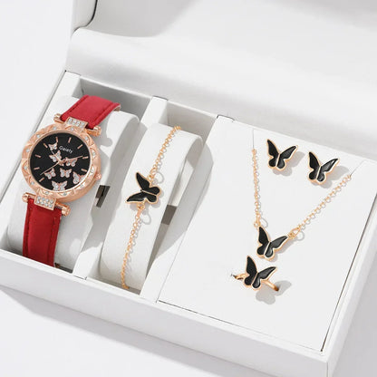 Women’s Butterfly Watch Set – Leather Strap - Box Not Included