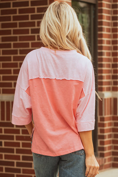 Pink Flower Patched Exposed Seam Bracelet Sleeve Oversized T Shirt