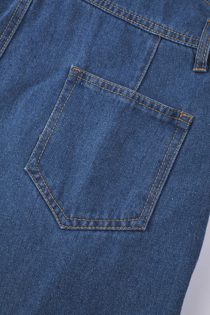 Dark Blue Retro Bib Pocket Buckle Straps Casual Denim Jumpsuit