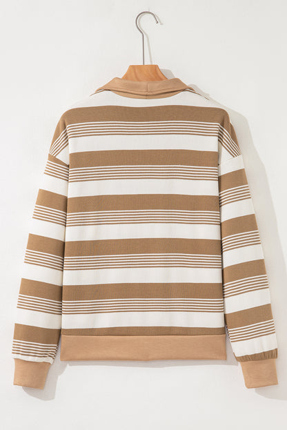 Khaki Stripe Zip Collar Patchwork Vintage Fashion Sweatshirt