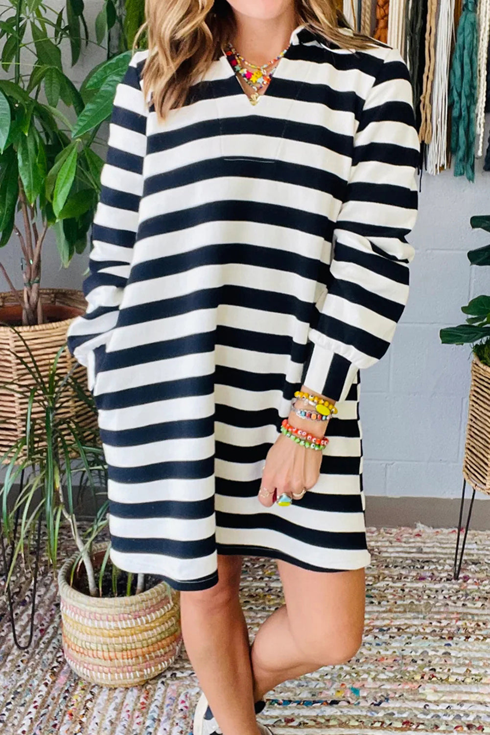 Red Stripe Polo Neck Shift Fit Sweatshirt Dress with Side Pockets