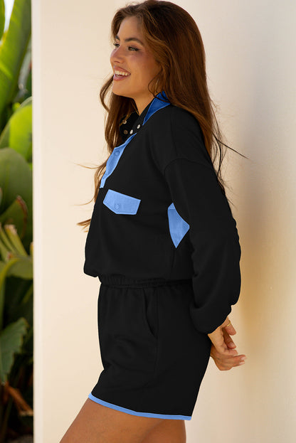 Navy Blue Color Block Patchwork Half Button Pullover and Shorts 2pcs Outfit