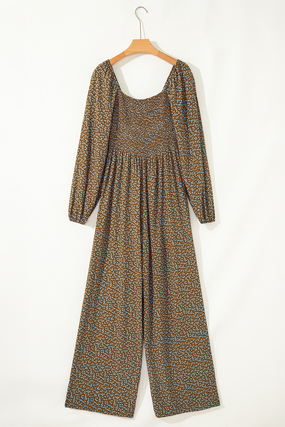 Green Floral Print Western Smocked Bodice Square Neck Wide Leg Jumpsuit