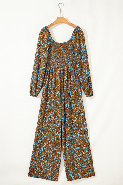 Green Floral Print Western Smocked Bodice Square Neck Wide Leg Jumpsuit