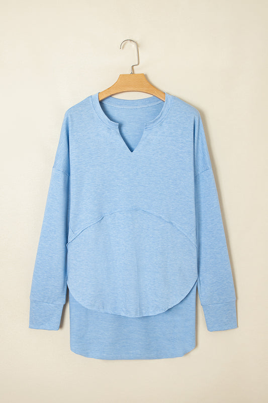 Myosotis Notched Neck Terry Raw Hem Long Sleeve Top