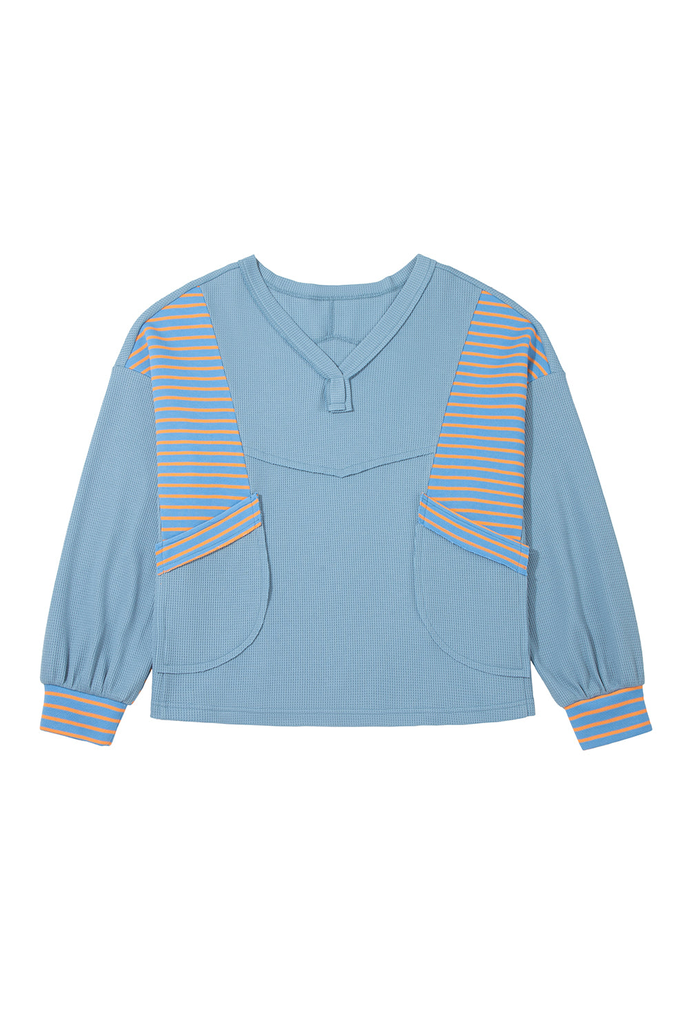 Dusk Blue Exposed Seam Waffle Striped Patchwork Baggy Pullover