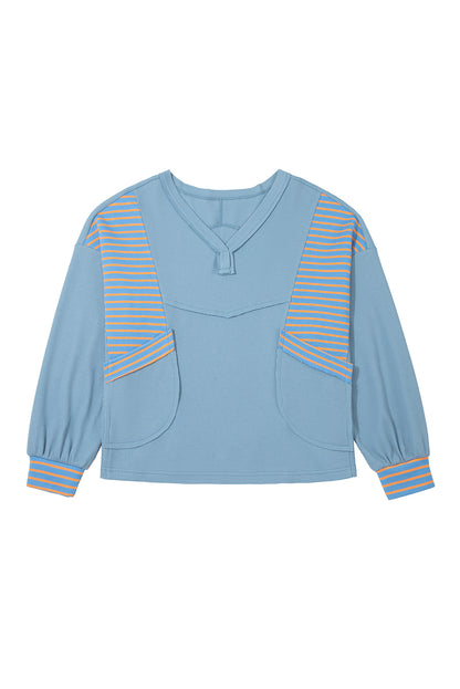 Dusk Blue Exposed Seam Waffle Striped Patchwork Baggy Pullover
