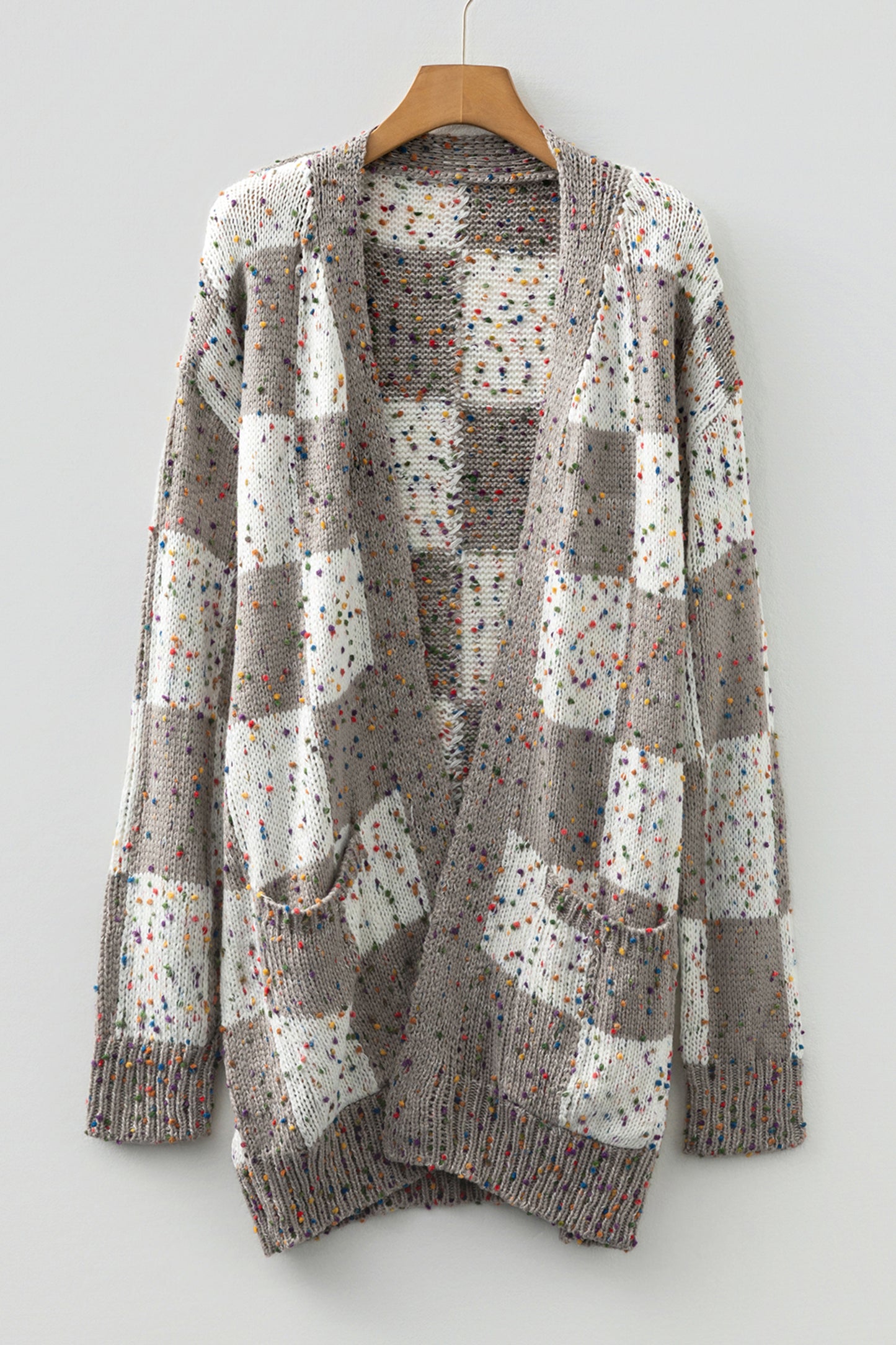Brown Confetti Dot Checkered Print Open Cardigan with Pockets