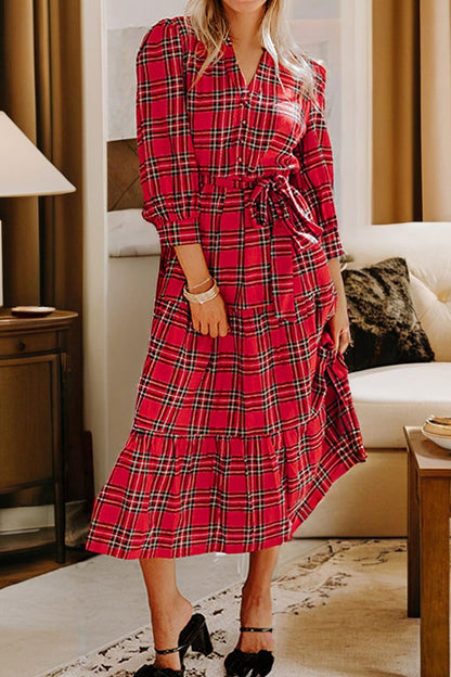 Red Christmas Plaid V Neck 3/4 Sleeve Tie Waist Ruffle Hem Long Dress