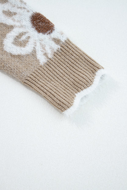 Seagrass Plush Flower Pattern Scalloped Trim V Neck Sweater