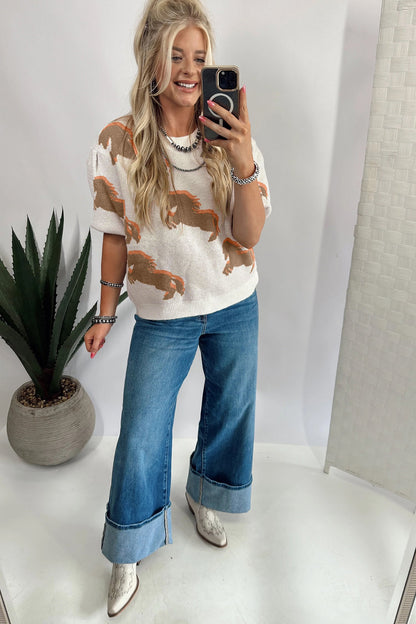 White Western Horse Printed Short Puff Sleeve Sweater