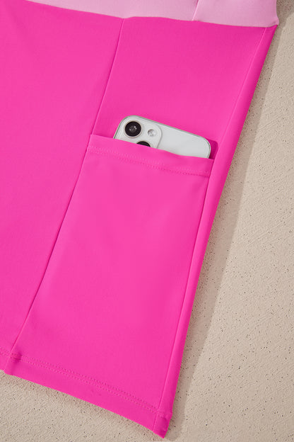 Rose Red Contrast Trim Neckline Active Shorts Attached One Piece Swim Dress