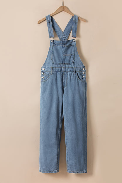 Dark Blue Retro Bib Pocket Buckle Straps Casual Denim Jumpsuit