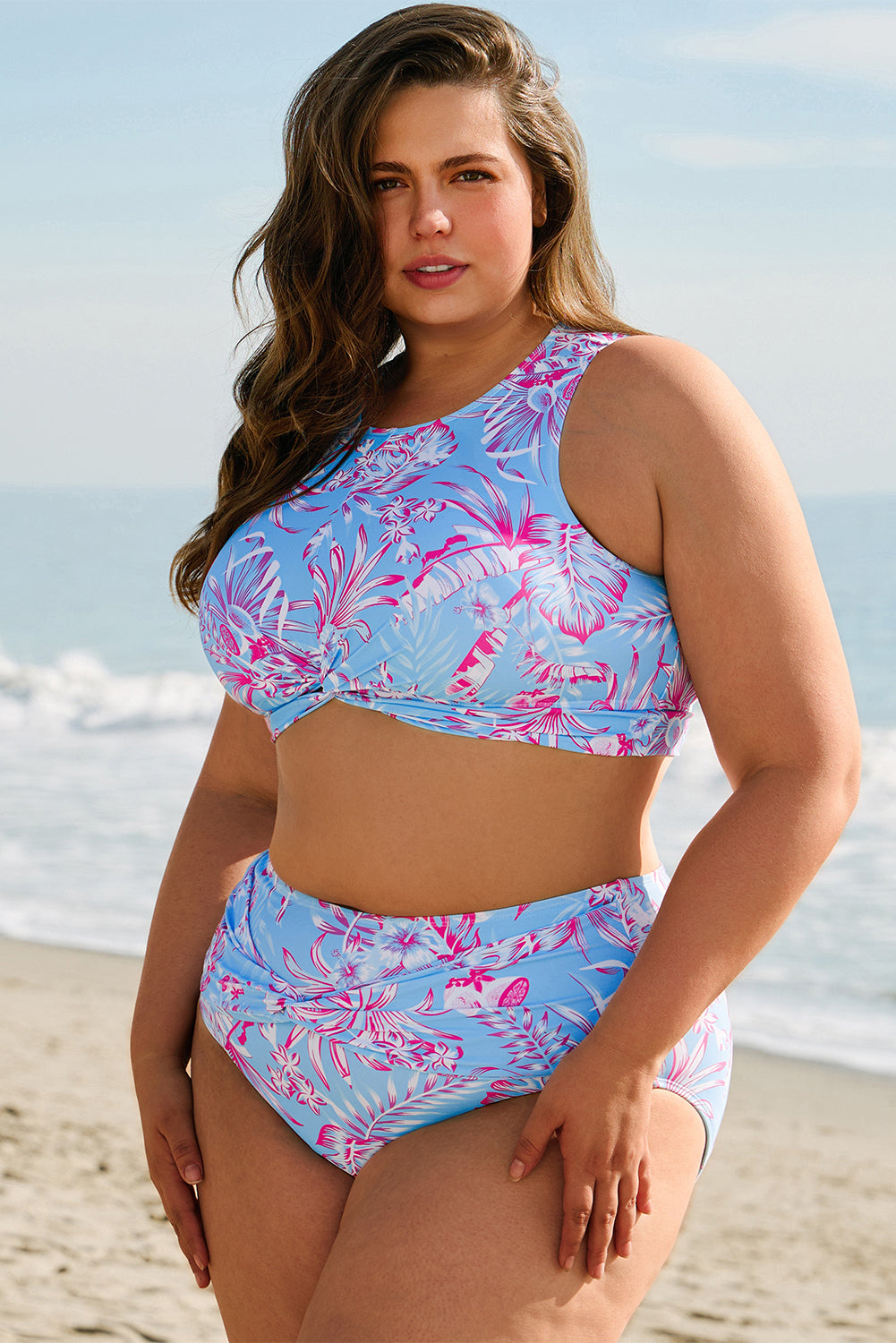 Rose Plus Size Floral Print Twisted High Waist Bikini Set