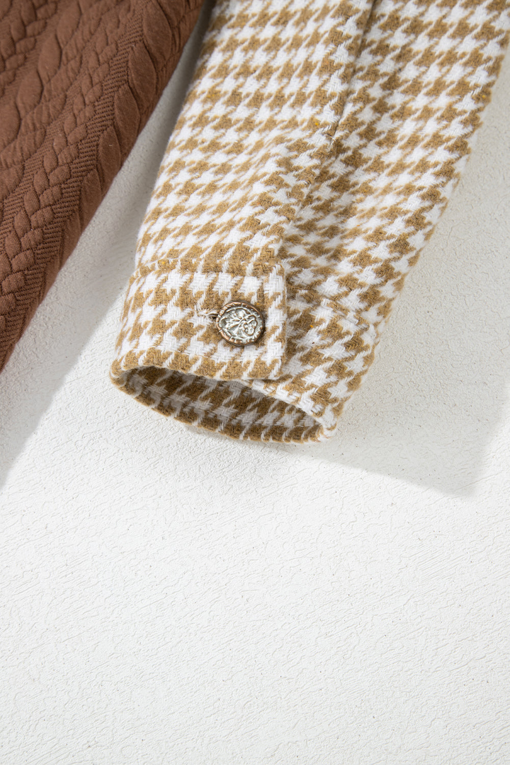 Khaki Houndstooth Color Contrast Textured Patchwork Loose Shacket