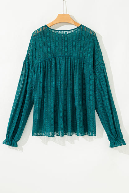Evergreen Sheer Lace Balloon Sleeve Babydoll Blouse