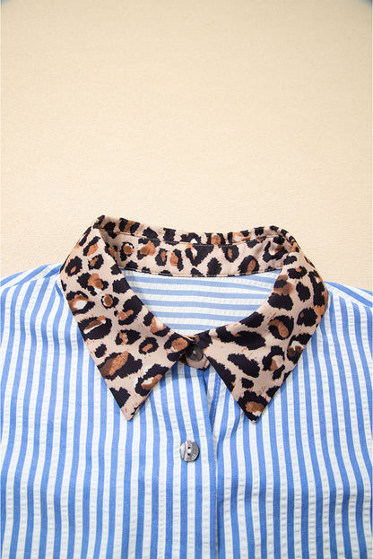 Sky Blue Striped Leopard Print Patchwork Button Up Womens Shirt