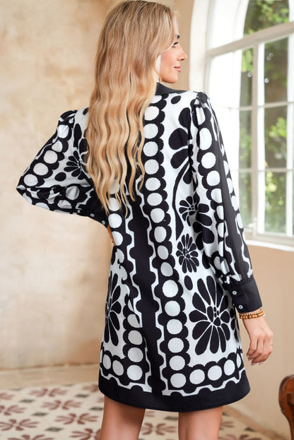 Black Polka Dot Floral Printed V Neck Long Sleeve Shift Mini Dress