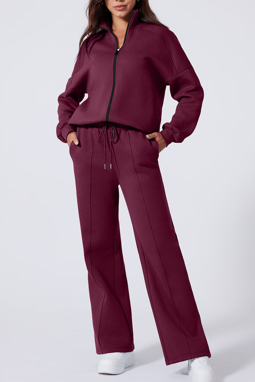 Burgundy Drop Shoulder Zip Up Jacket Drawstring Pants Active 2pcs Set